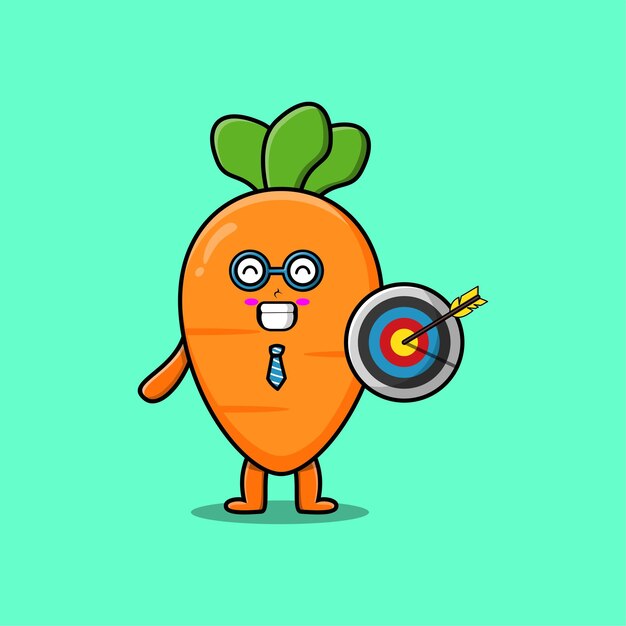 Cute cartoon carrot businessman holding target and arrow with happy expression in flat modern style