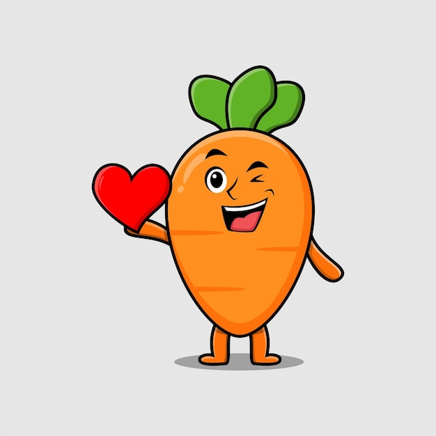 Cute cartoon carrot character holding big red heart in modern style design