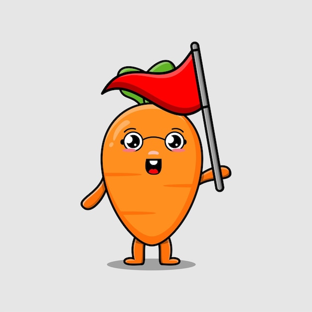 Cute cartoon Carrot character holding triangle flag in flat modern design