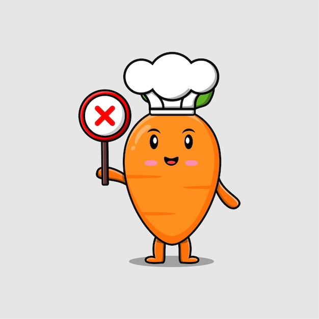 cute cartoon carrot chef holding wrong sign board in vector character illustration