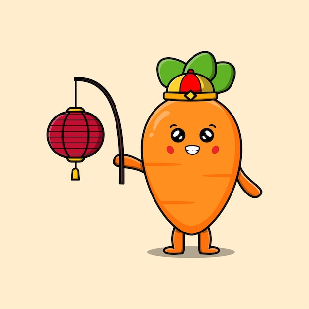 Cute cartoon carrot chinese character holding lantern in vector icon illustration