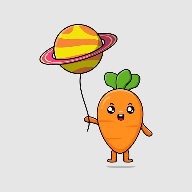 Cute cartoon carrot floating with planet balloon cartoon vector illustration