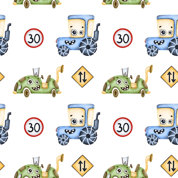 Cute cartoon cars seamless pattern. Tractor, cyberpunk machine, road signs seamless pattern.