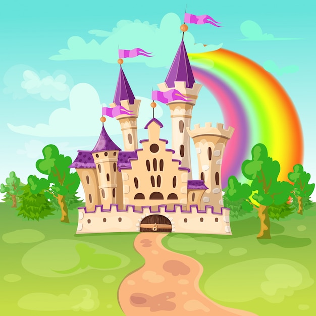 Cute cartoon castle. Fairy medieval castle in cartoon style.