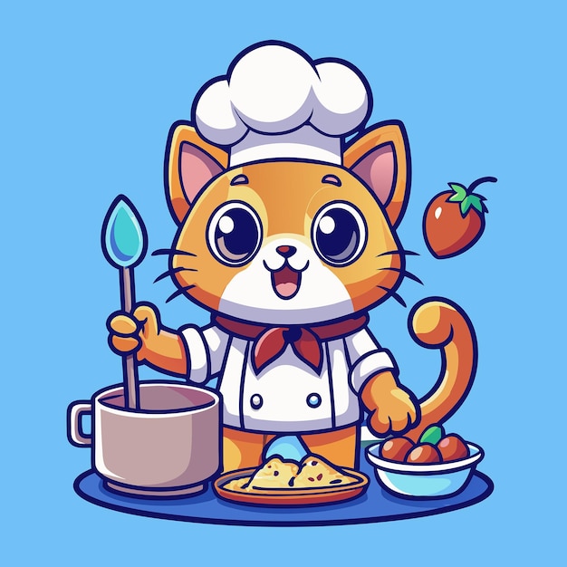 Vector cute cartoon cat chef cooking with culinary expertise