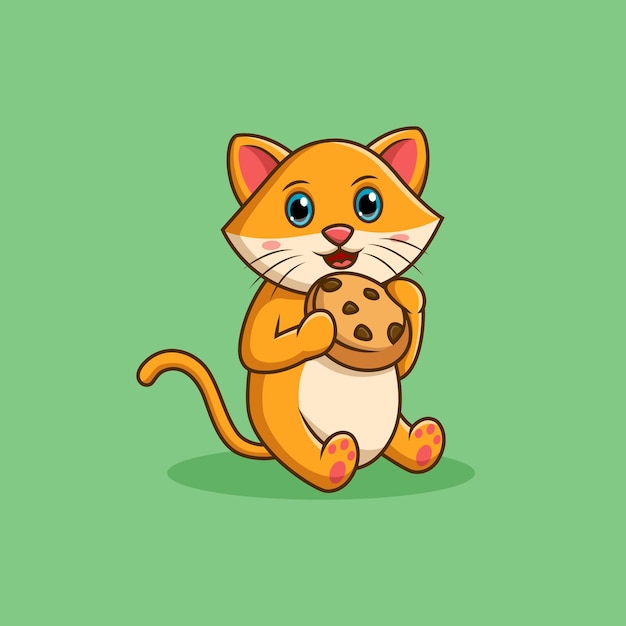 Cute cartoon cat eating cookie Vector illustration