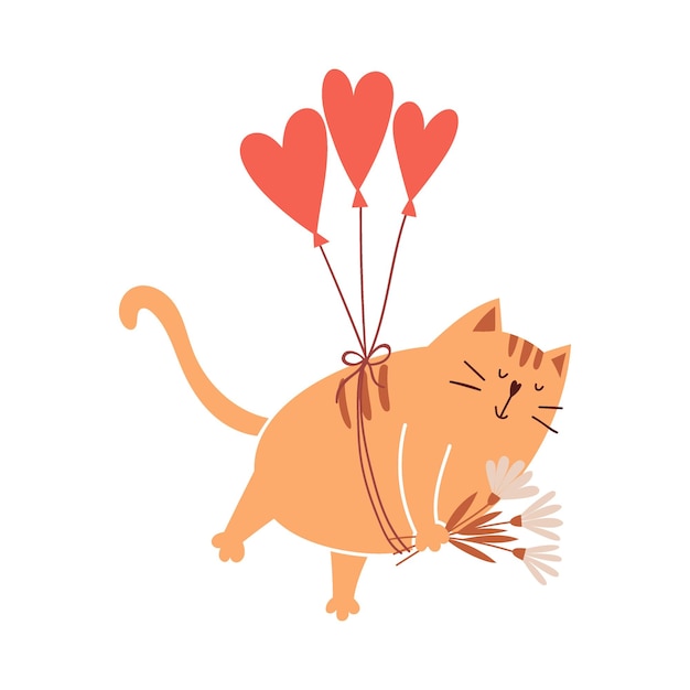 Cute cartoon cat flies on balloons in the shape of a heart and holds a bouquet of flowers in his paws A simple adorable character for Valentine's day cards Vector childish illustration on white