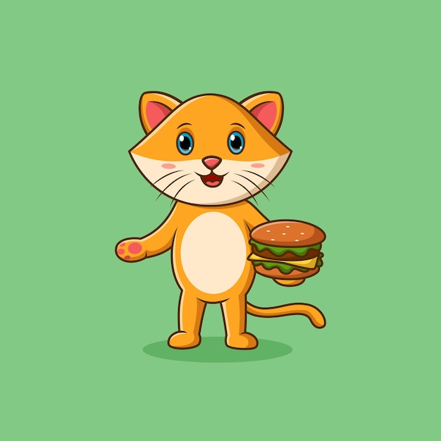 Cute cartoon cat holding hamburger vector illustration