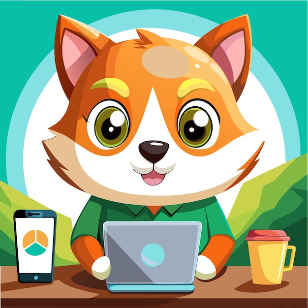 Vector a cute cartoon cat is working on a laptop with a smartphone and a cup of coffee on the table