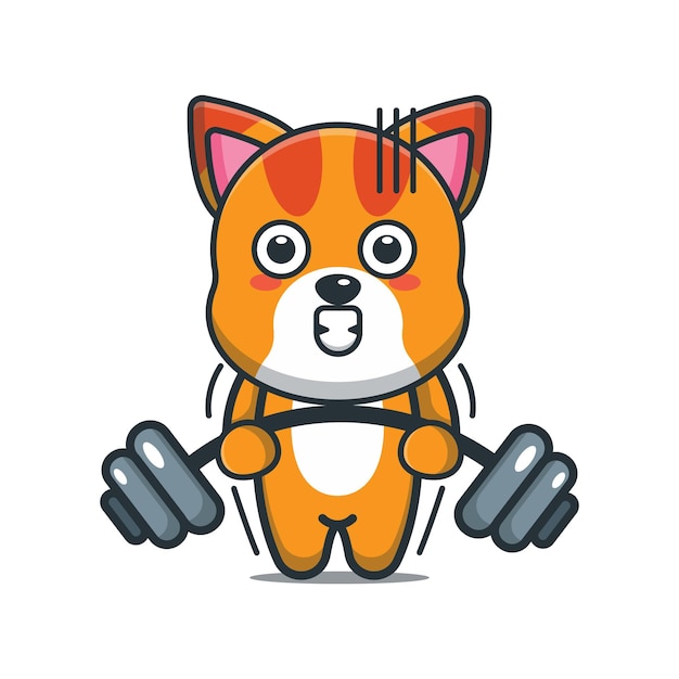 Cute cartoon cat lifting barbell