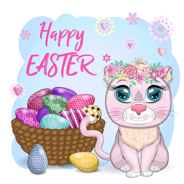 Cute cartoon Cat near a beautiful Easter basket full of eggs Happy Easter card