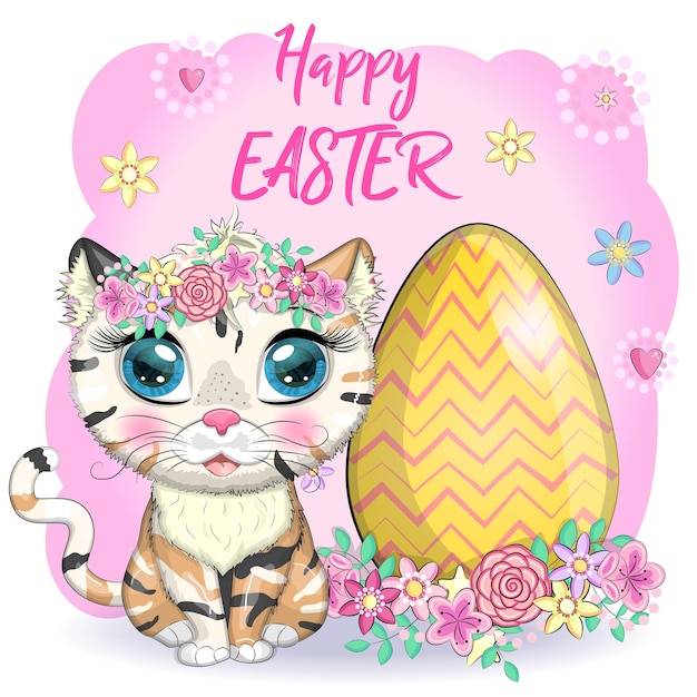 Cute cartoon Cat near a beautiful Easter basket full of eggs Happy Easter card