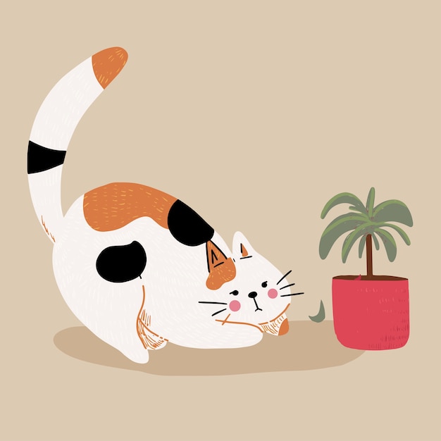 Cute cartoon  cat play with plant