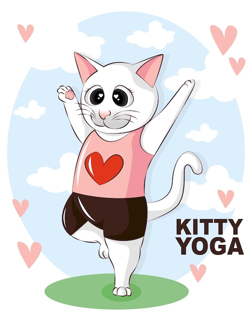 Vector cute cartoon cat practicing yoga on the sky. cute vector cartoon flat cat. yoga kitty.