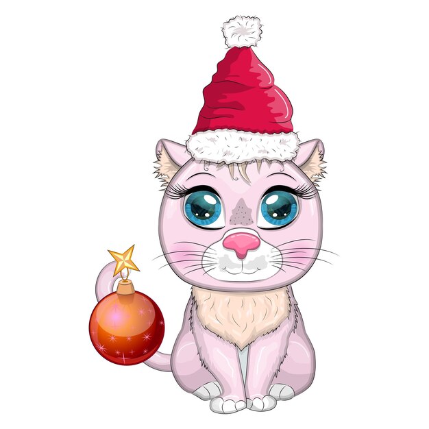 Cute cartoon cat in santa hat with gift christmas ball candy kane Winter 2023 Christmas and Chinese New