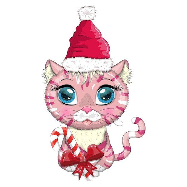 Cute cartoon cat in santa hat with gift christmas ball candy kane Winter 2023 Christmas and Chinese New