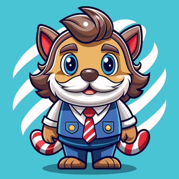 Vector cute cartoon cat in suit with red tie and candy cane tail