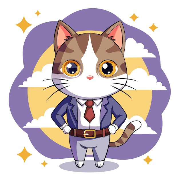 Vector cute cartoon cat in a suit with a tie and a belt standing against a purple and yellow background with clouds and stars