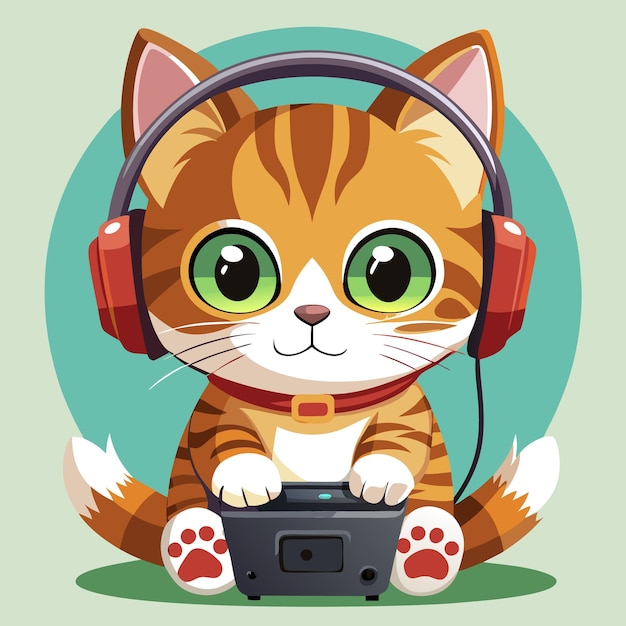 A cute cartoon cat wearing headphones and playing video games