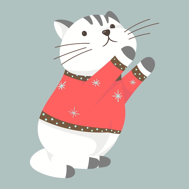 Cute cartoon cat in a winter knitted sweater