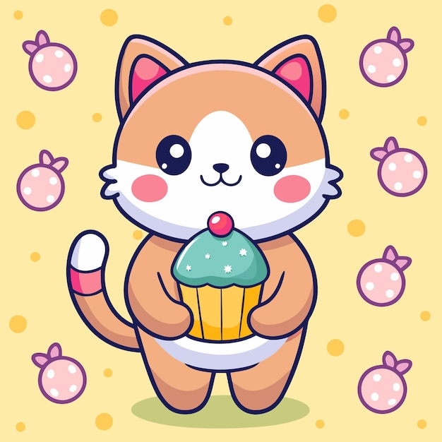 Vector a cute cartoon cat with big eyes holding a cupcake in its paws it is standing on a yellow background with pink and white polka dots