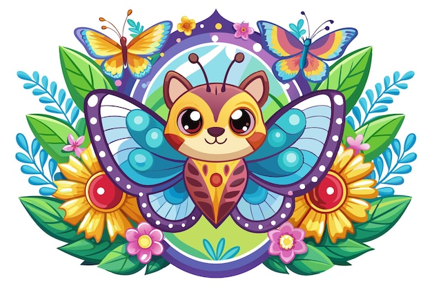 Cute Cartoon Cat with Butterfly Wings Surrounded by Flowers and Butterflies