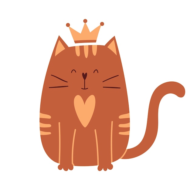 Cute cartoon cat with a crown on his head sits and smiles A simple adorable character for Valentine's day greeting cards Vector childish illustration isolated on a white background