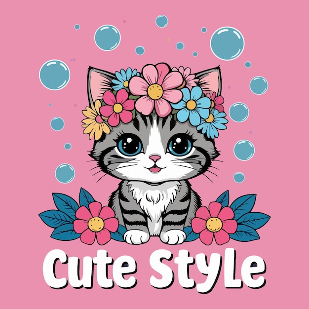 Cute cartoon cat with flowers and leaves