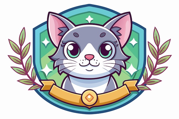 Cute Cartoon Cat with Green Eyes in a Shield with Laurel Wreaths