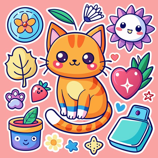 Vector cute cartoon cat with stickers like a flower a heart a leaf a star a paw print and a pot plant