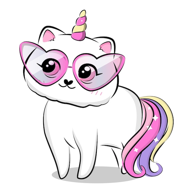 Vector cute cartoon cat with unicorn horn and tail.