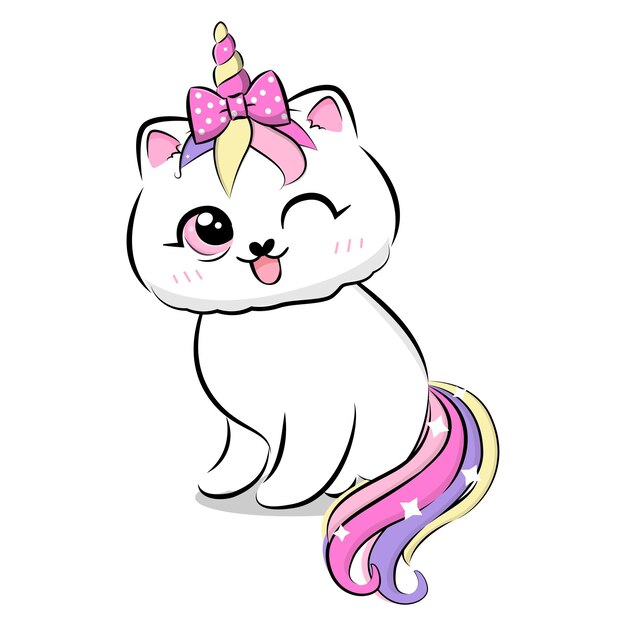 Vector cute cartoon cat with unicorn horn and tail.