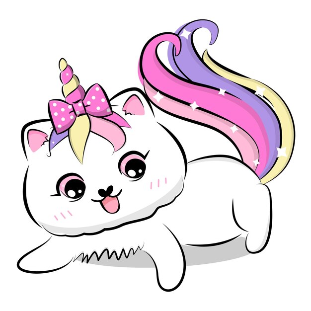 Vector cute cartoon cat with unicorn horn and tail.