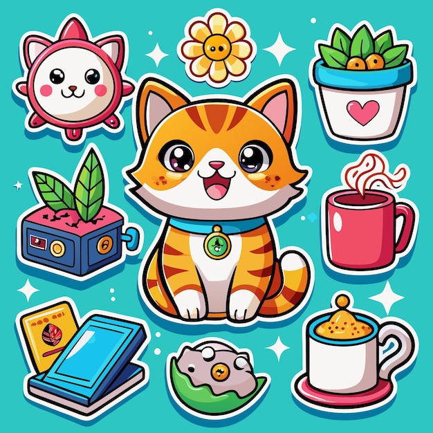 Cute cartoon cat with various stickers on turquoise background