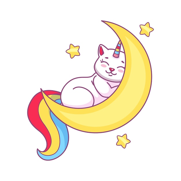 Cute cartoon caticorn character sleeping on moon