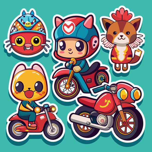 Vector cute cartoon cats riding motorcycles stickers