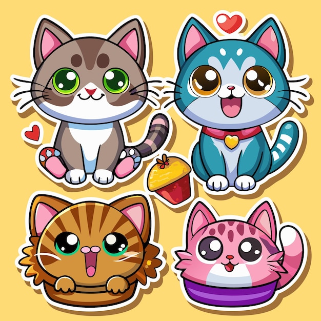 Vector cute cartoon cats stickers with cupcake