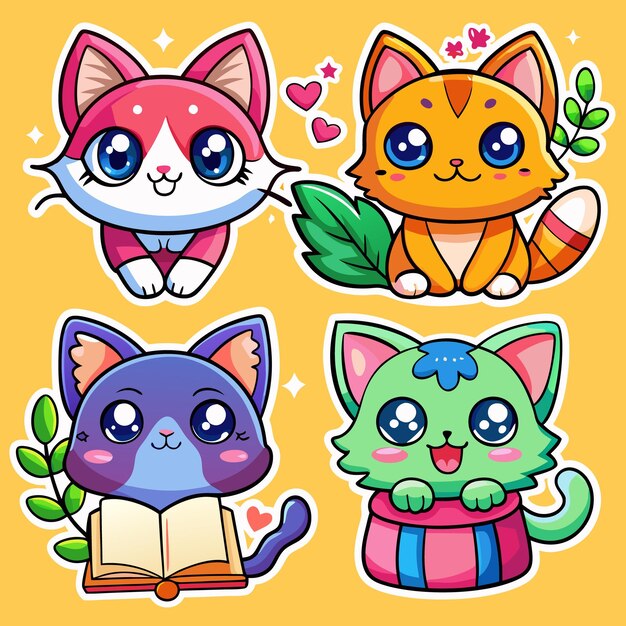 Vector cute cartoon cats with big eyes and different colors and accessories