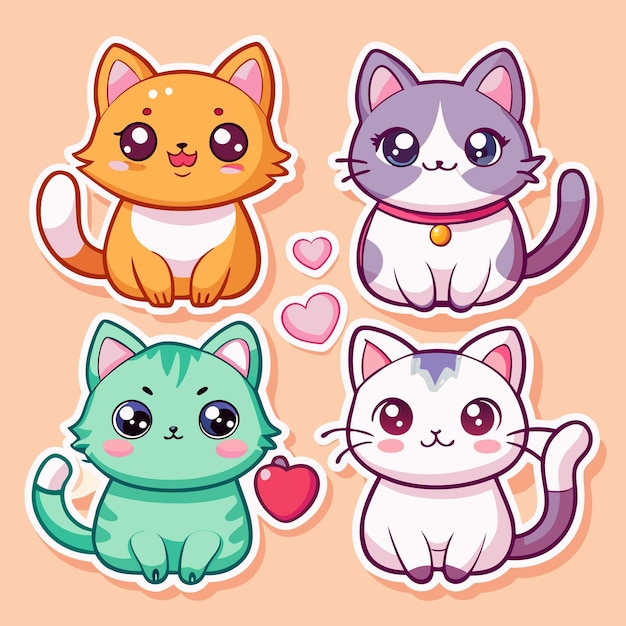 Cute cartoon cats with big eyes and hearts