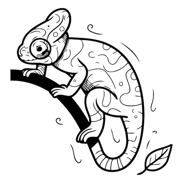 Vector cute cartoon chameleon on a branch vector illustration