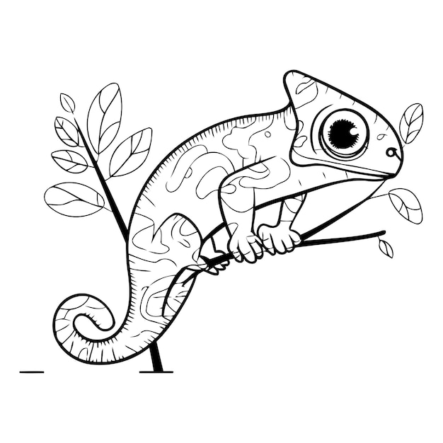 Vector cute cartoon chameleon on a branch vector illustration