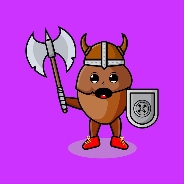 Cute cartoon character Acorn viking pirate with hat and holding ax and shield in modern design