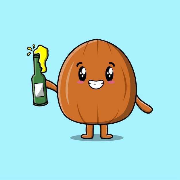 Cute cartoon character Almond nut with soda bottle in modern cute style design