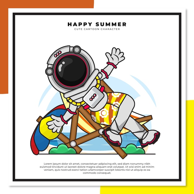 Cute cartoon character of astronaut was relaxing on the beach with happy summer greetings