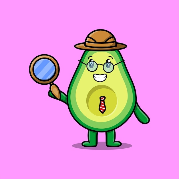 Cute cartoon character Avocado detective is searching with magnifying glass and cute style design