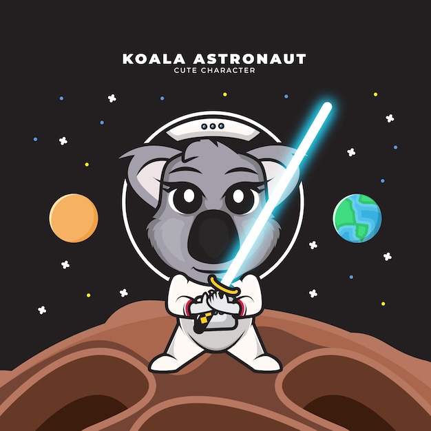 Cute cartoon character of baby astronaut koala holding light saber