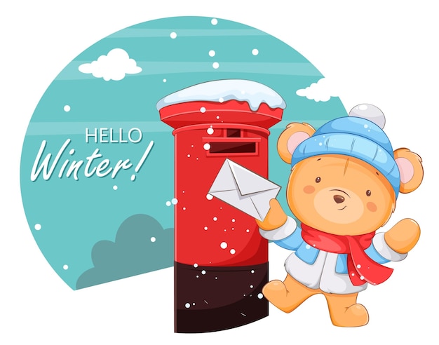 Cute cartoon character bear sending a letter