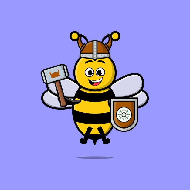 Cute cartoon character Bee viking pirate with hat and holding hammer and shield in cute style