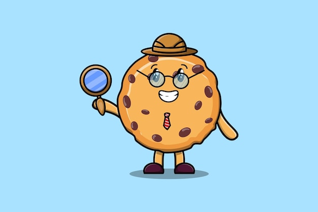 Cute cartoon character Biscuits detective is searching with magnifying glass