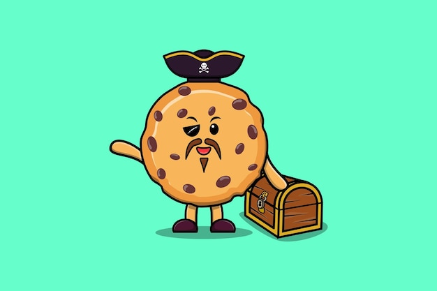 Cute cartoon character Biscuits pirate with treasure box illustration in modern style design